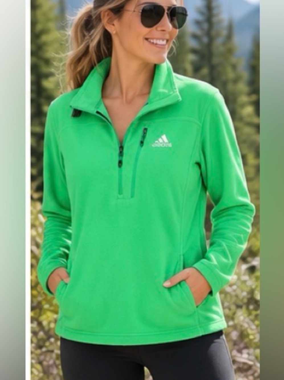 Adidas Outdoor Green Fleece Quarter Zip activewear casual Pullover Sample L